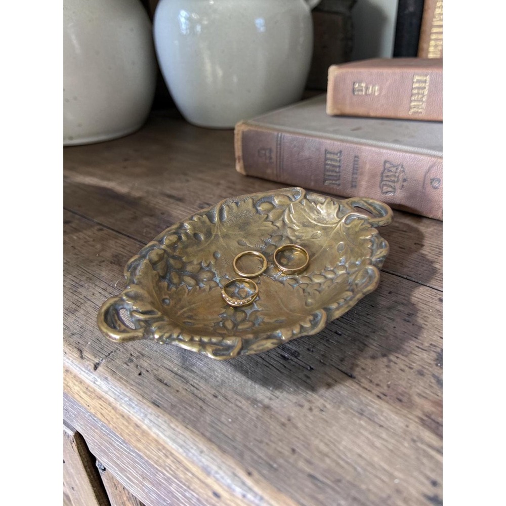 70s Brass Vine Leaf Trinket Dish by Collini Austria, Grape Leaves Shallow Bowl